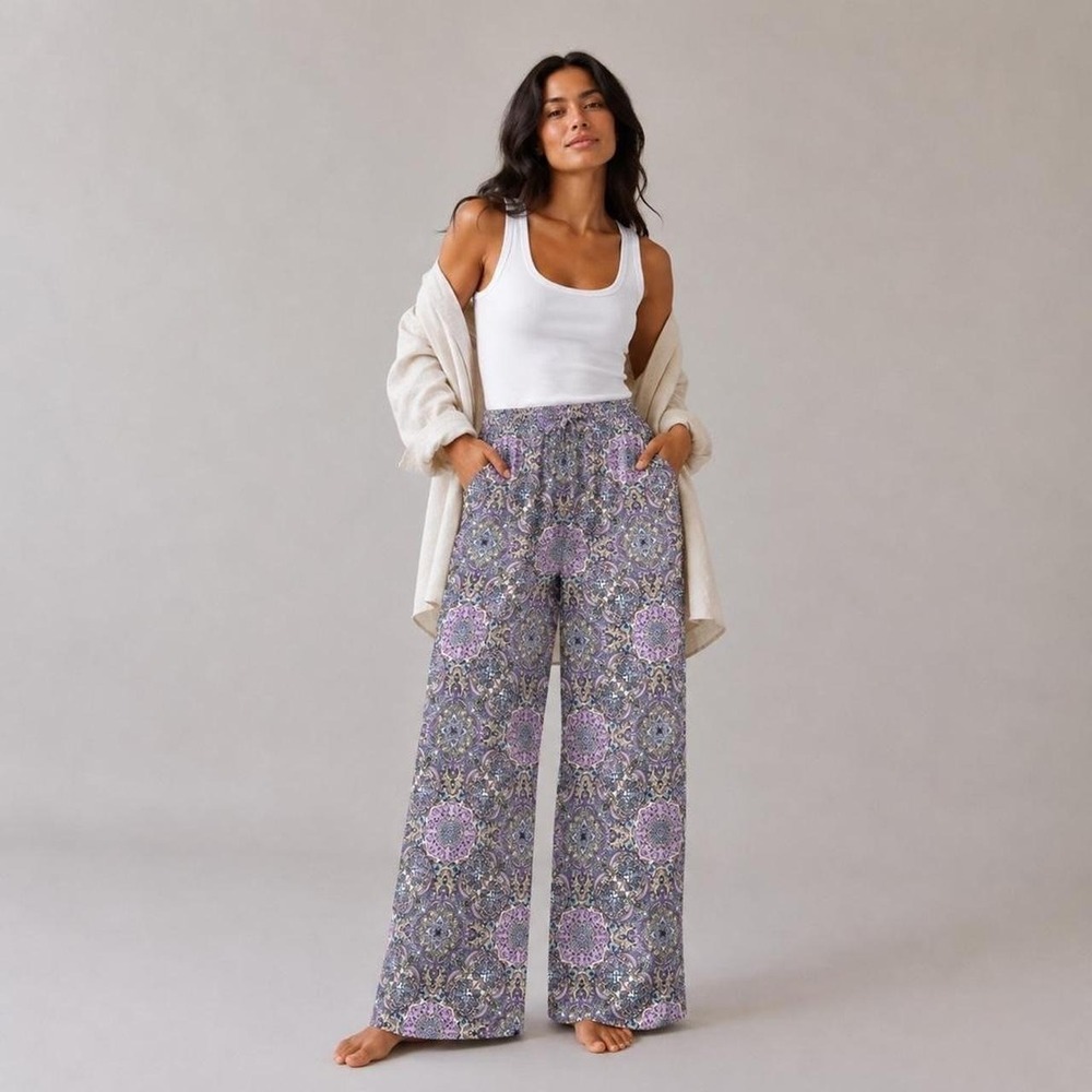 Lane Bryant linen blend wide leg pants women's size 20 paisley boho beachy